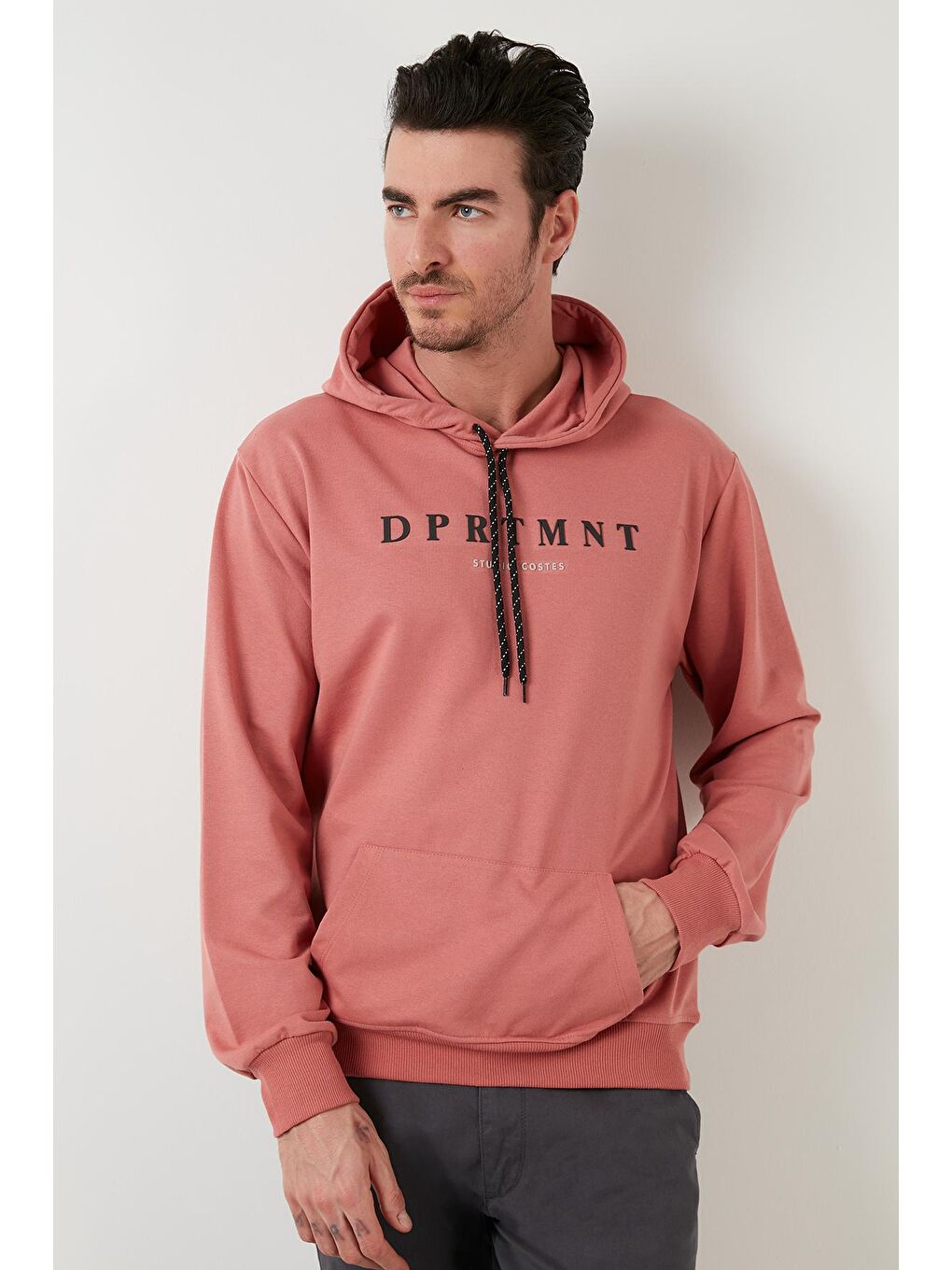 Pembe Slim Fit Baskılı Kapüşonlu Kanguru Cepli Pamuklu Sweat 5414017-1