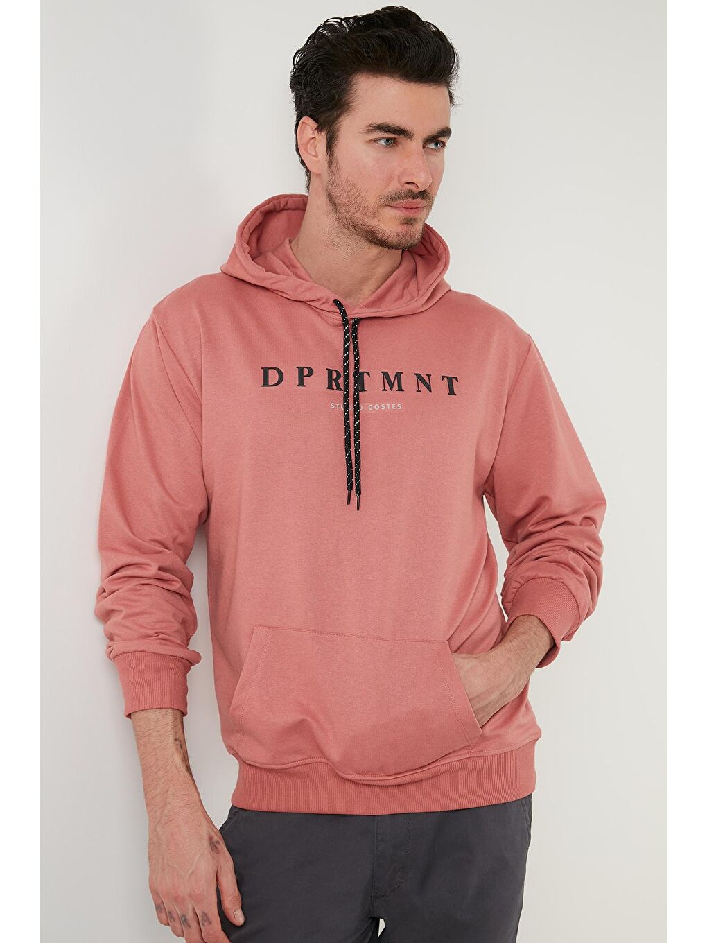 Pembe Slim Fit Baskılı Kapüşonlu Kanguru Cepli Pamuklu Sweat 5414017-2