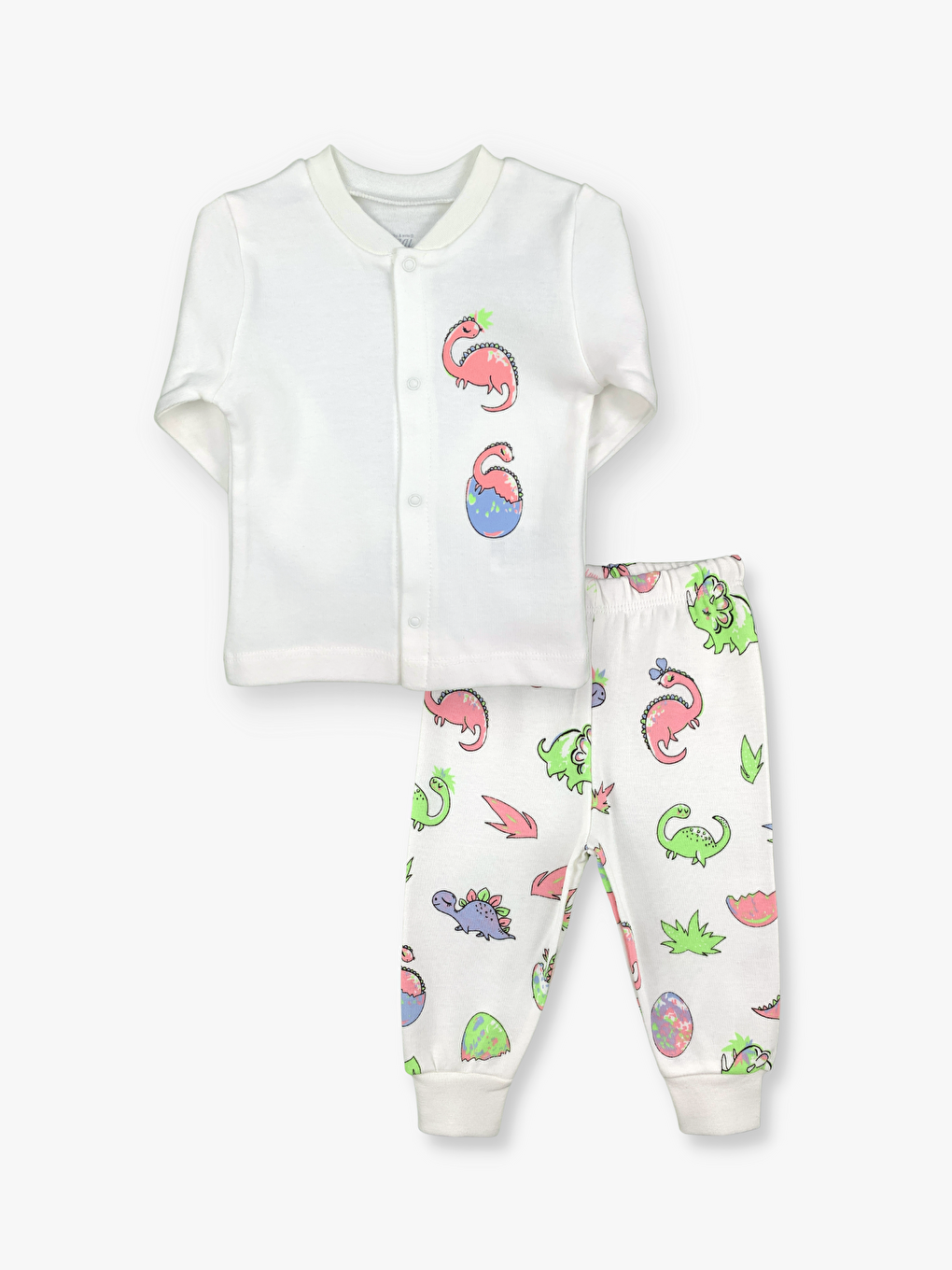 Ekru Bisiklet Yaka Uzun Kollu Kız Bebek Pijama Takımı