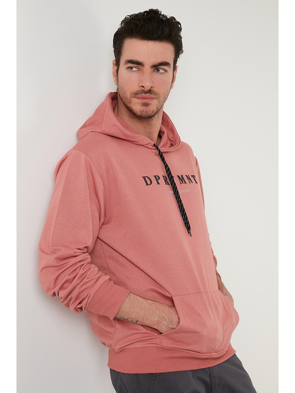 Pembe Slim Fit Baskılı Kapüşonlu Kanguru Cepli Pamuklu Sweat 5414017-3