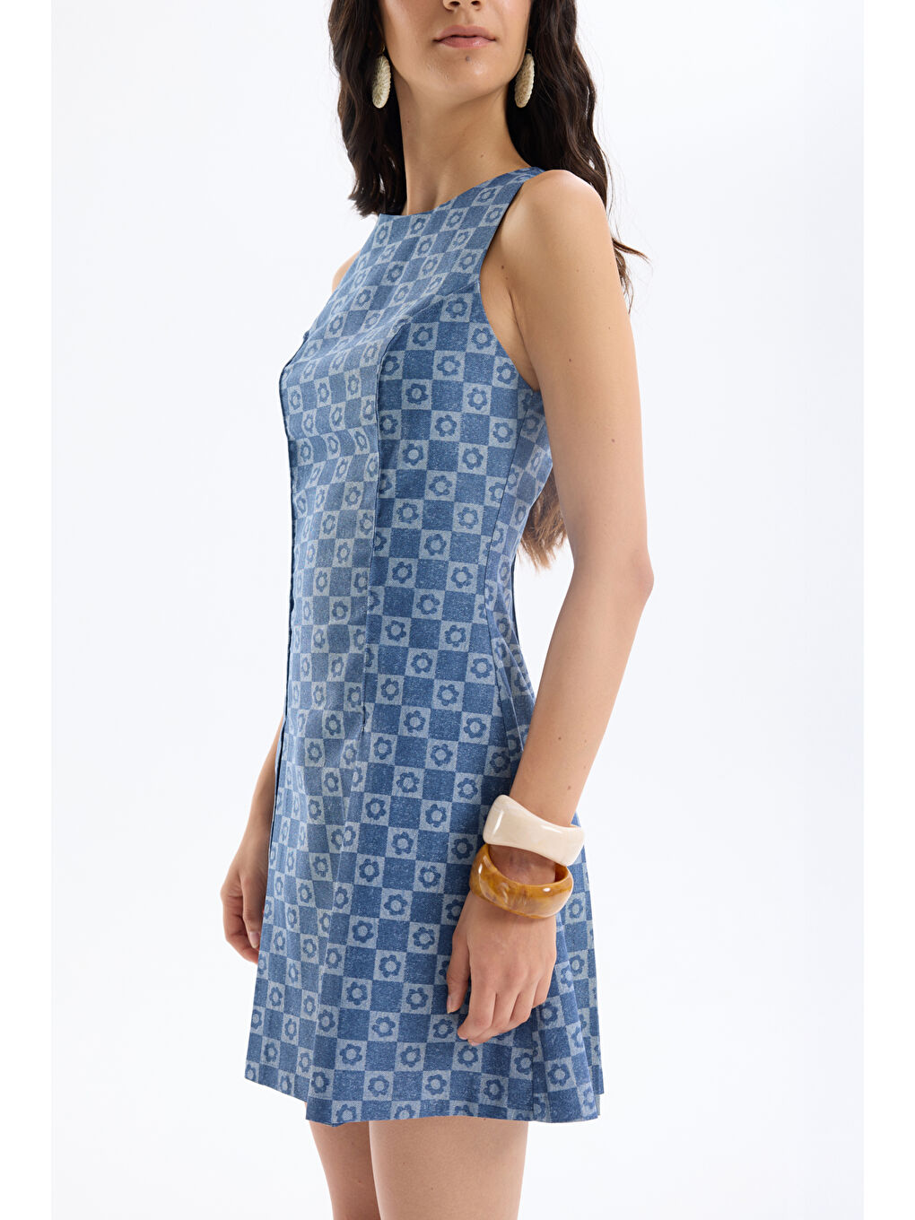 Dama Desenli Halter Yaka Mini Elbise İndigo-2