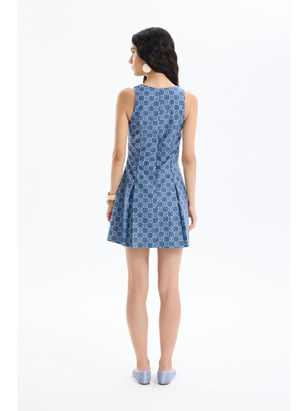 Dama Desenli Halter Yaka Mini Elbise İndigo-3