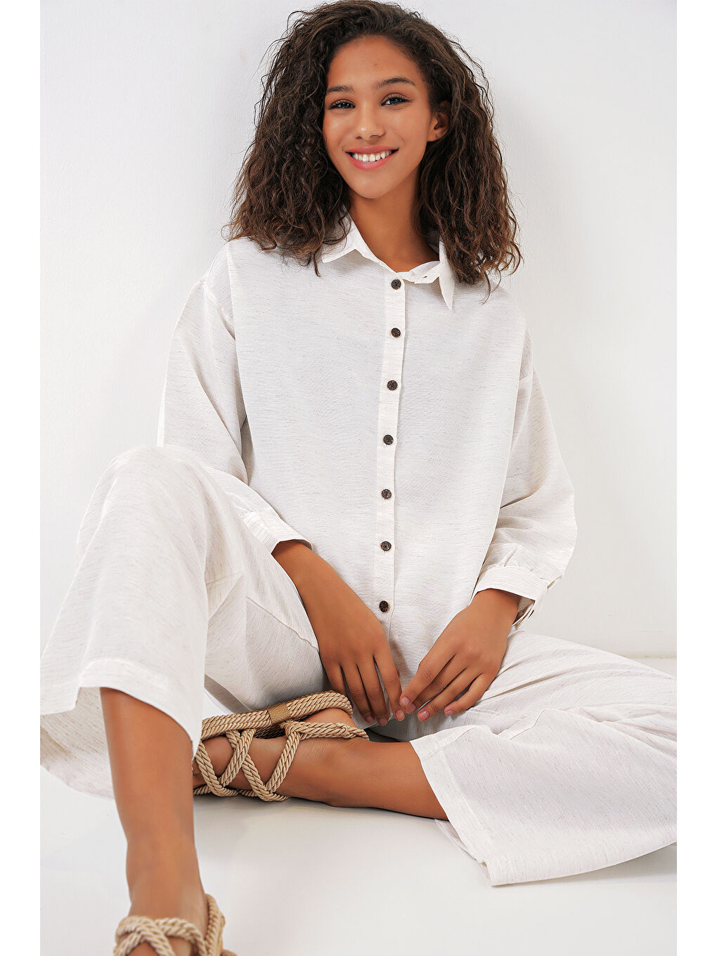 Ekru Kadın Krem Oversize Keten Alt Üst Takım 6622