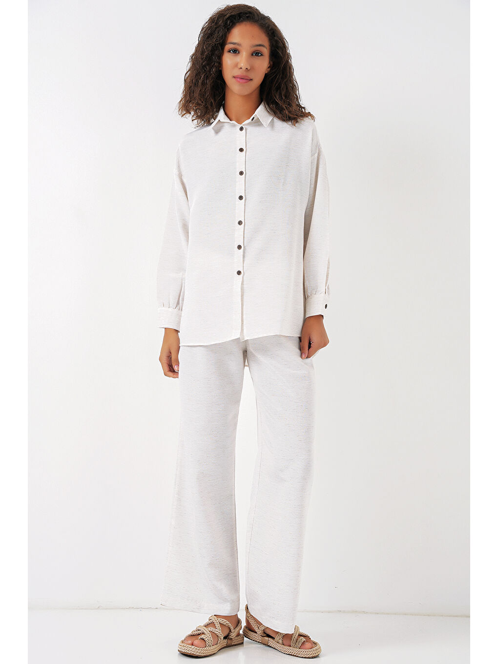 Ekru Kadın Krem Oversize Keten Alt Üst Takım 6622-1