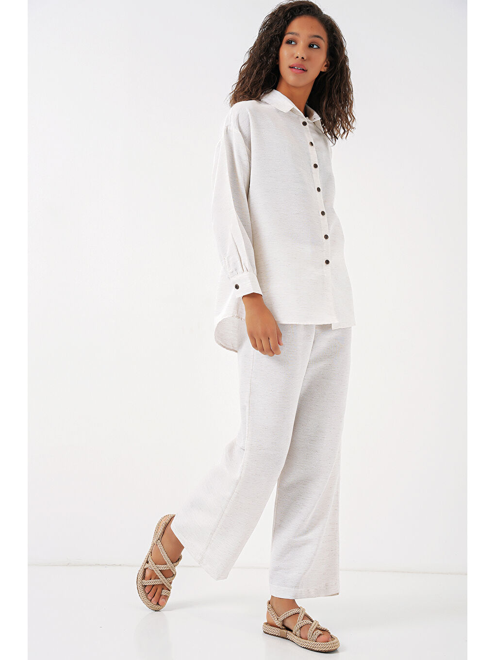 Ekru Kadın Krem Oversize Keten Alt Üst Takım 6622-2