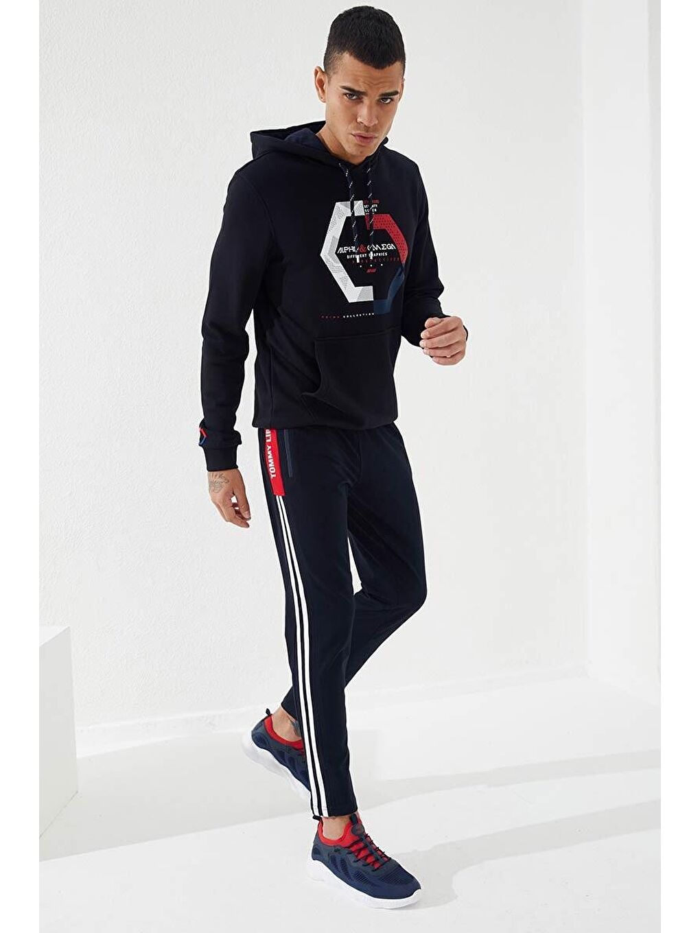 TOMMYLIFE Lacivert - Kırmızı Baskılı Çift Şeritli Slim Fit Jogger Erkek Eşofman Alt - 84780 - 2