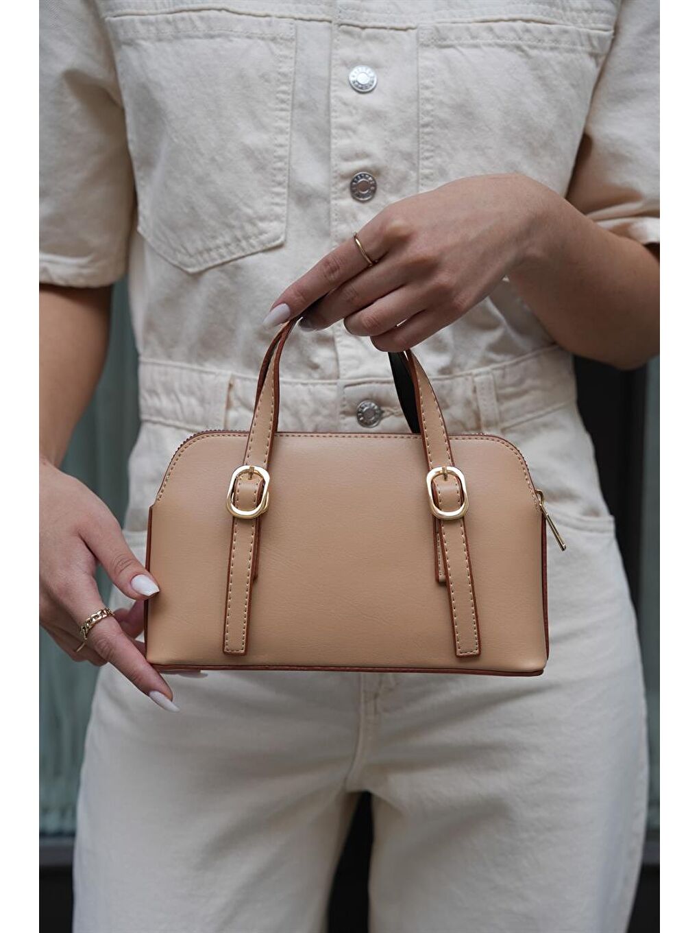 Bej Cosmos Çift Tokalı El Ve Çapraz Askılı Kadın Çanta - Camel
