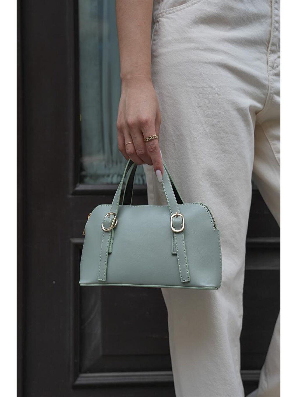 Yeşil Cosmos Çift Tokalı El Ve Çapraz Askılı Kadın Çanta - Mint-1