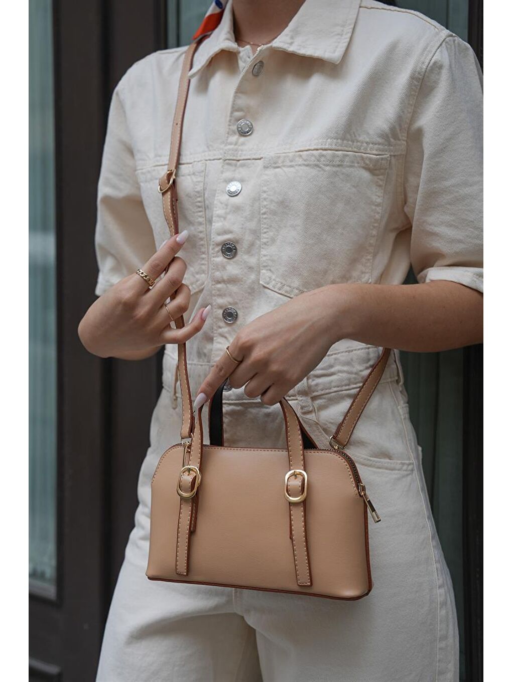 Bej Cosmos Çift Tokalı El Ve Çapraz Askılı Kadın Çanta - Camel-1