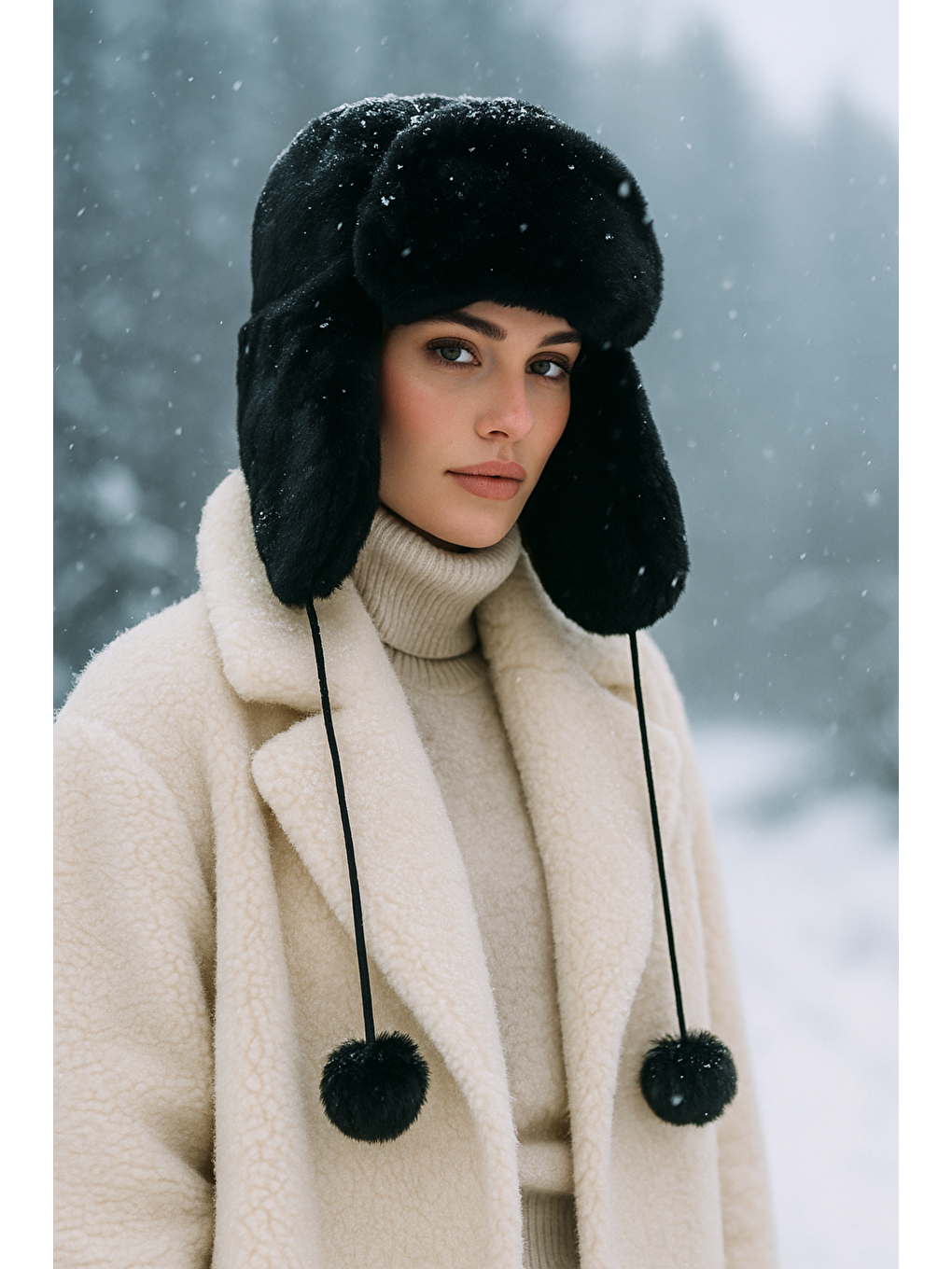Kadın Siyah Kürklü Kulaklıklı Pelüş Şapka Bere1103