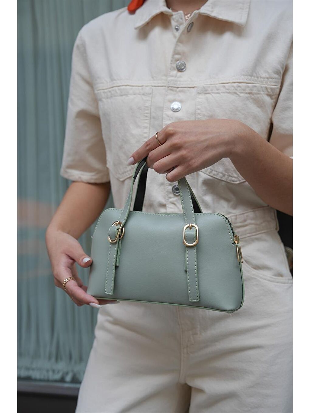 Yeşil Cosmos Çift Tokalı El Ve Çapraz Askılı Kadın Çanta - Mint-2
