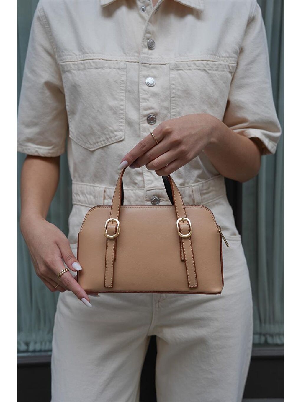 Bej Cosmos Çift Tokalı El Ve Çapraz Askılı Kadın Çanta - Camel-2