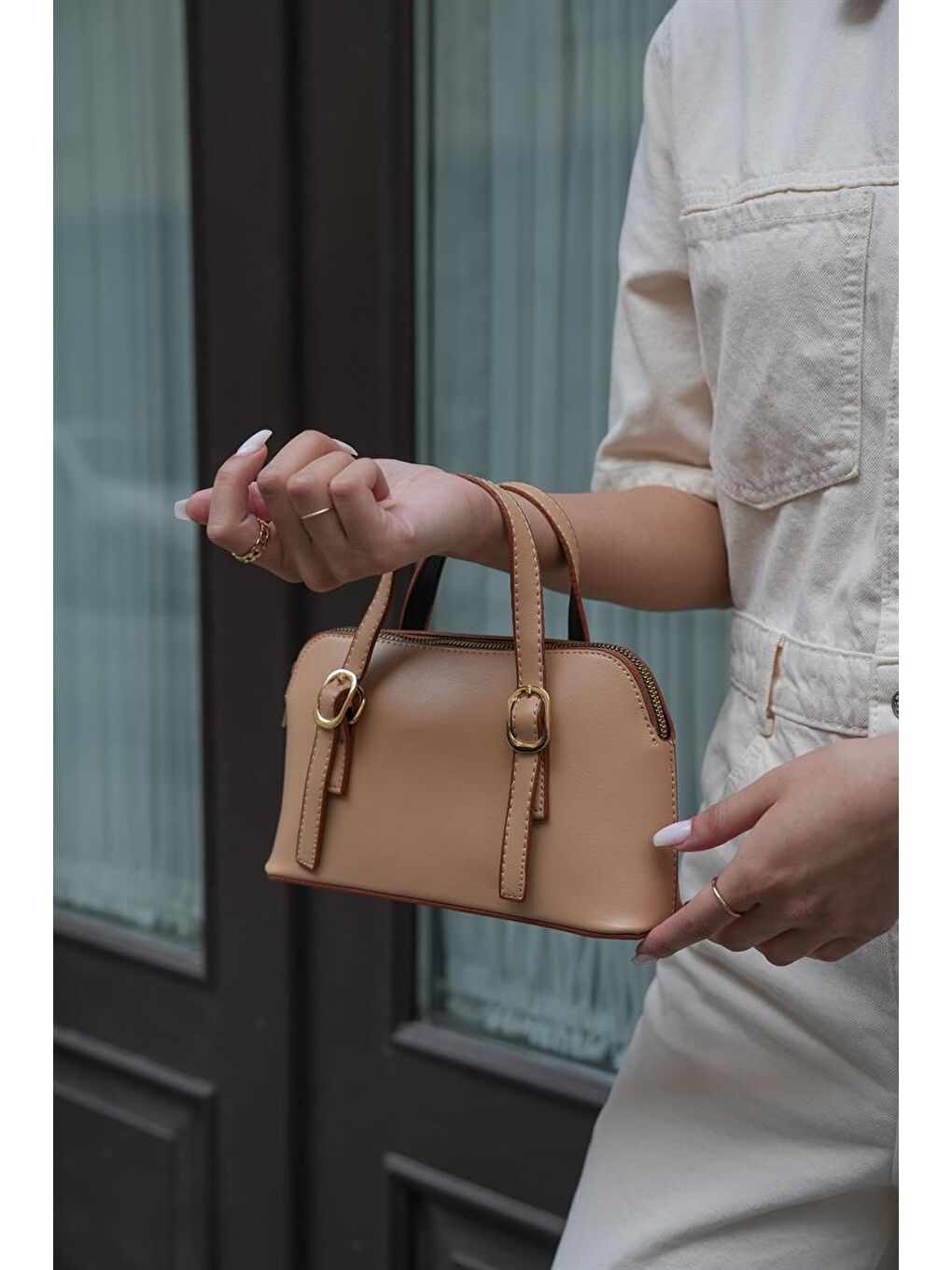 Bej Cosmos Çift Tokalı El Ve Çapraz Askılı Kadın Çanta - Camel-3