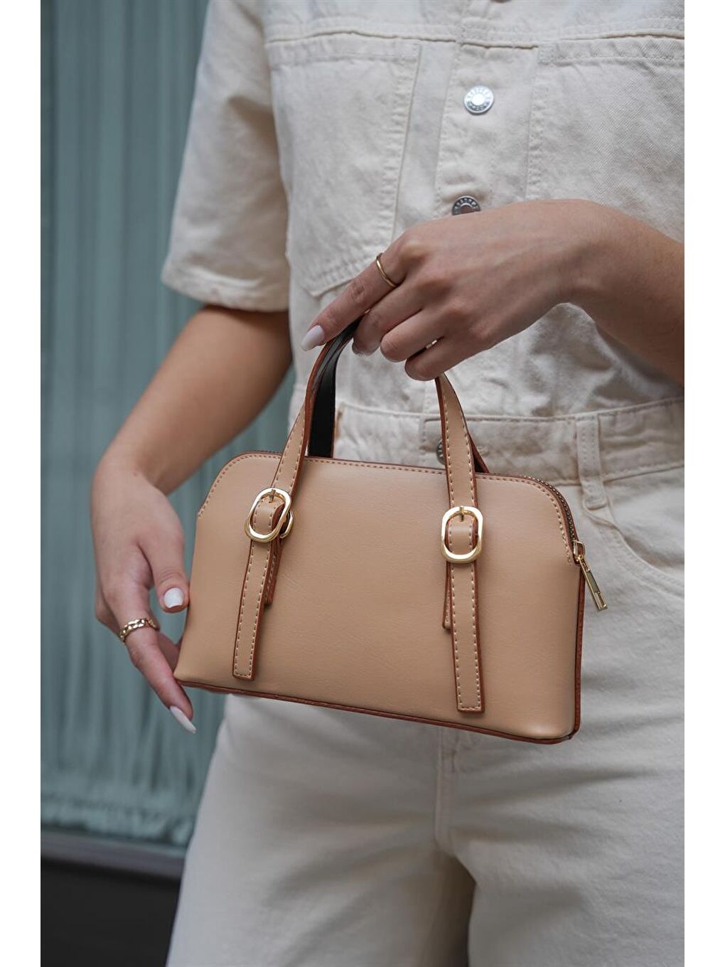 Bej Cosmos Çift Tokalı El Ve Çapraz Askılı Kadın Çanta - Camel-4