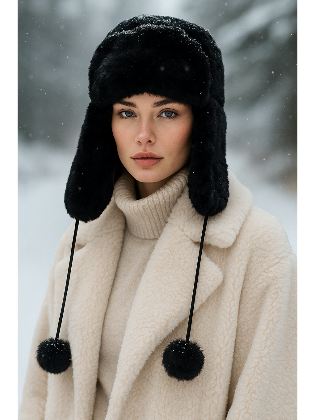 Kadın Siyah Kürklü Kulaklıklı Pelüş Şapka Bere1103-1