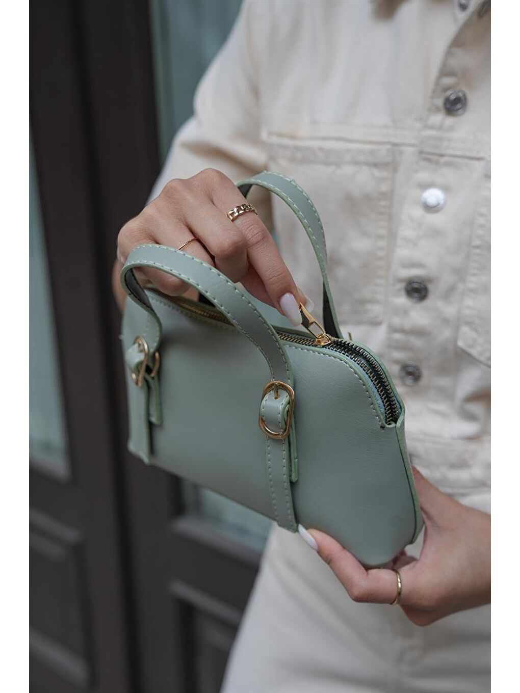 Yeşil Cosmos Çift Tokalı El Ve Çapraz Askılı Kadın Çanta - Mint-4