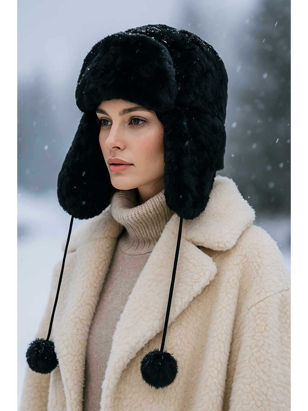 Kadın Siyah Kürklü Kulaklıklı Pelüş Şapka Bere1103-2
