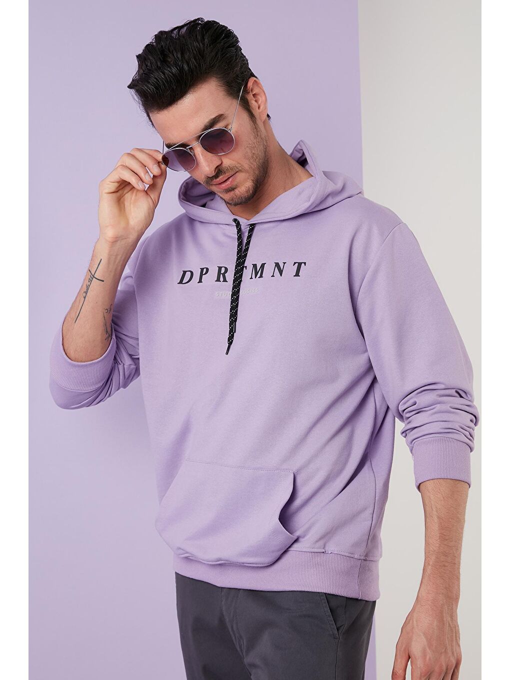 Lila Slim Fit Baskılı Kapüşonlu Kanguru Cepli Pamuklu Erkek Hoodie 5414017