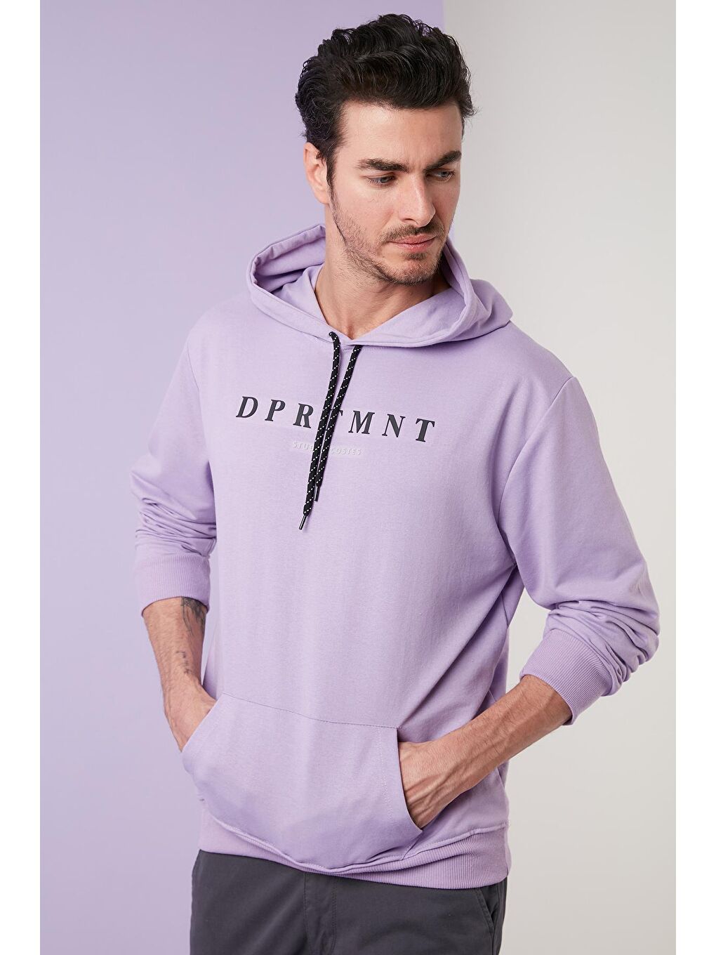 Lila Slim Fit Baskılı Kapüşonlu Kanguru Cepli Pamuklu Erkek Hoodie 5414017-1