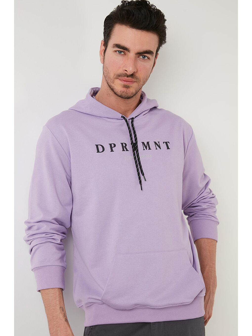 Lila Slim Fit Baskılı Kapüşonlu Kanguru Cepli Pamuklu Erkek Hoodie 5414017-2