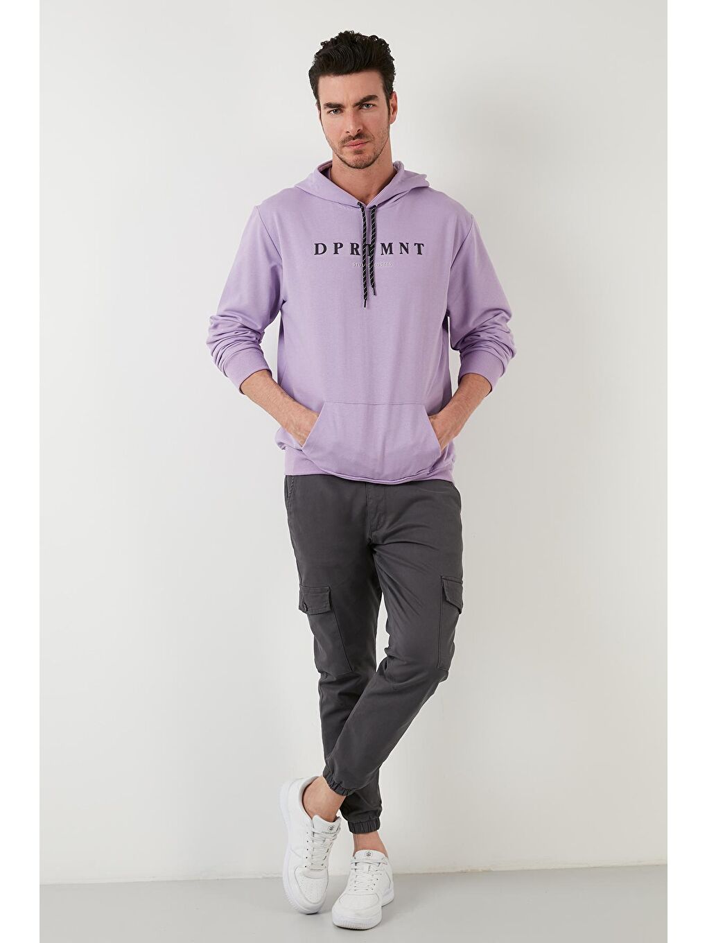 Lila Slim Fit Baskılı Kapüşonlu Kanguru Cepli Pamuklu Erkek Hoodie 5414017-3