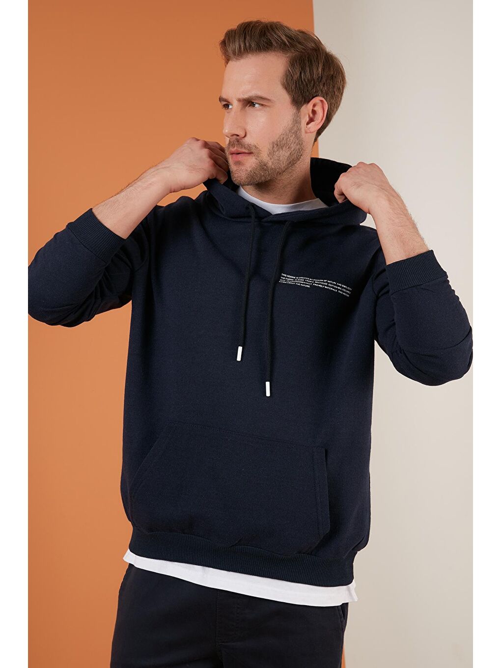 Buratti Lacivert Baskılı Kapüşonlu Kanguru Cepli Slim Fit Sweat 568R706