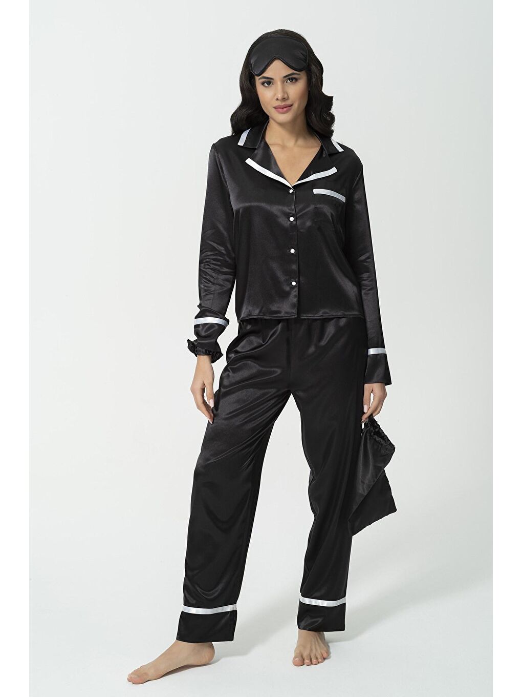 5'li Saten Beyaz Şeritli Siyah Pijama Takımı-1