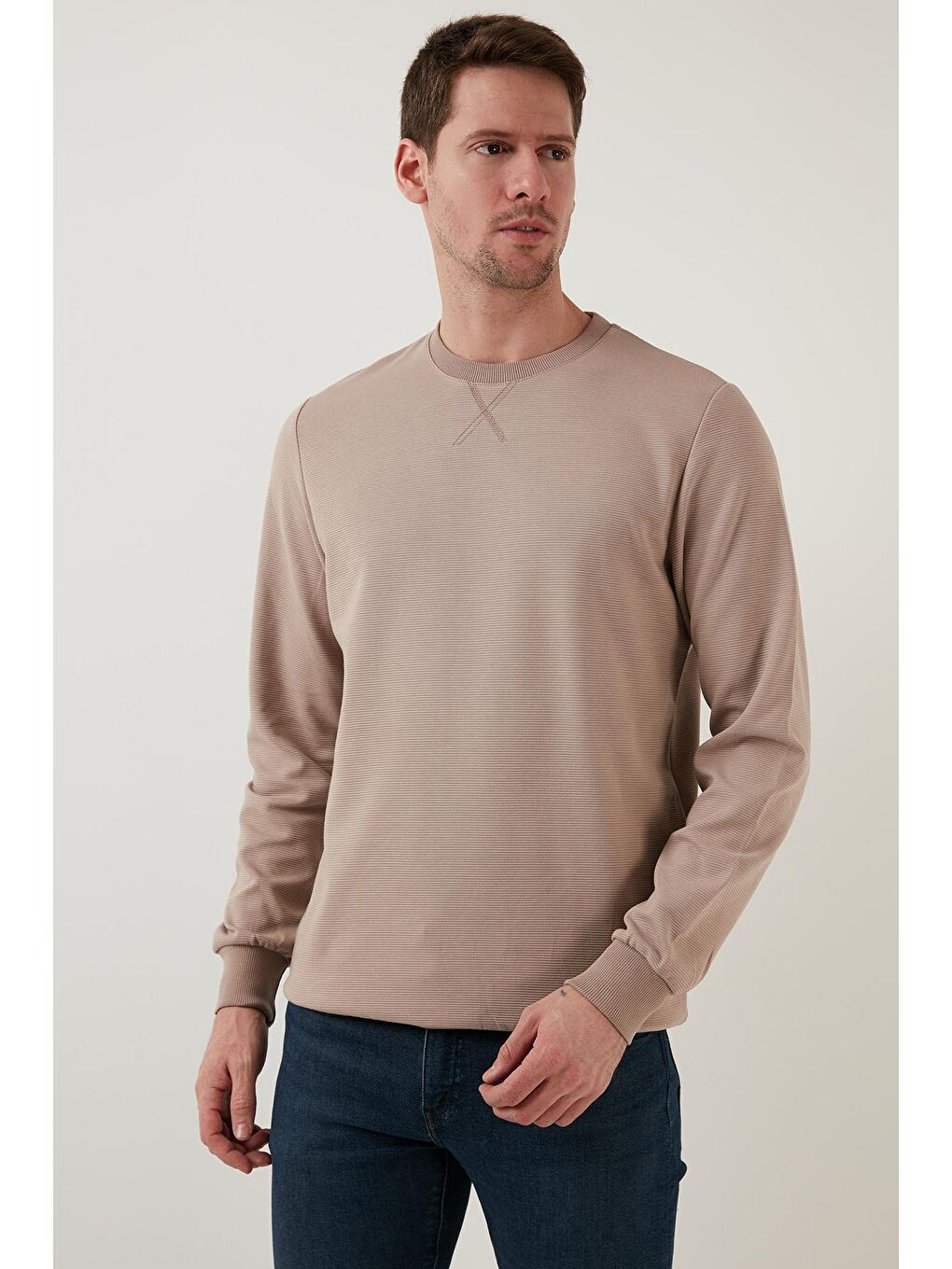 Bej Çizgili Pamuklu Bisiklet Yaka Erkek Sweat 5905241