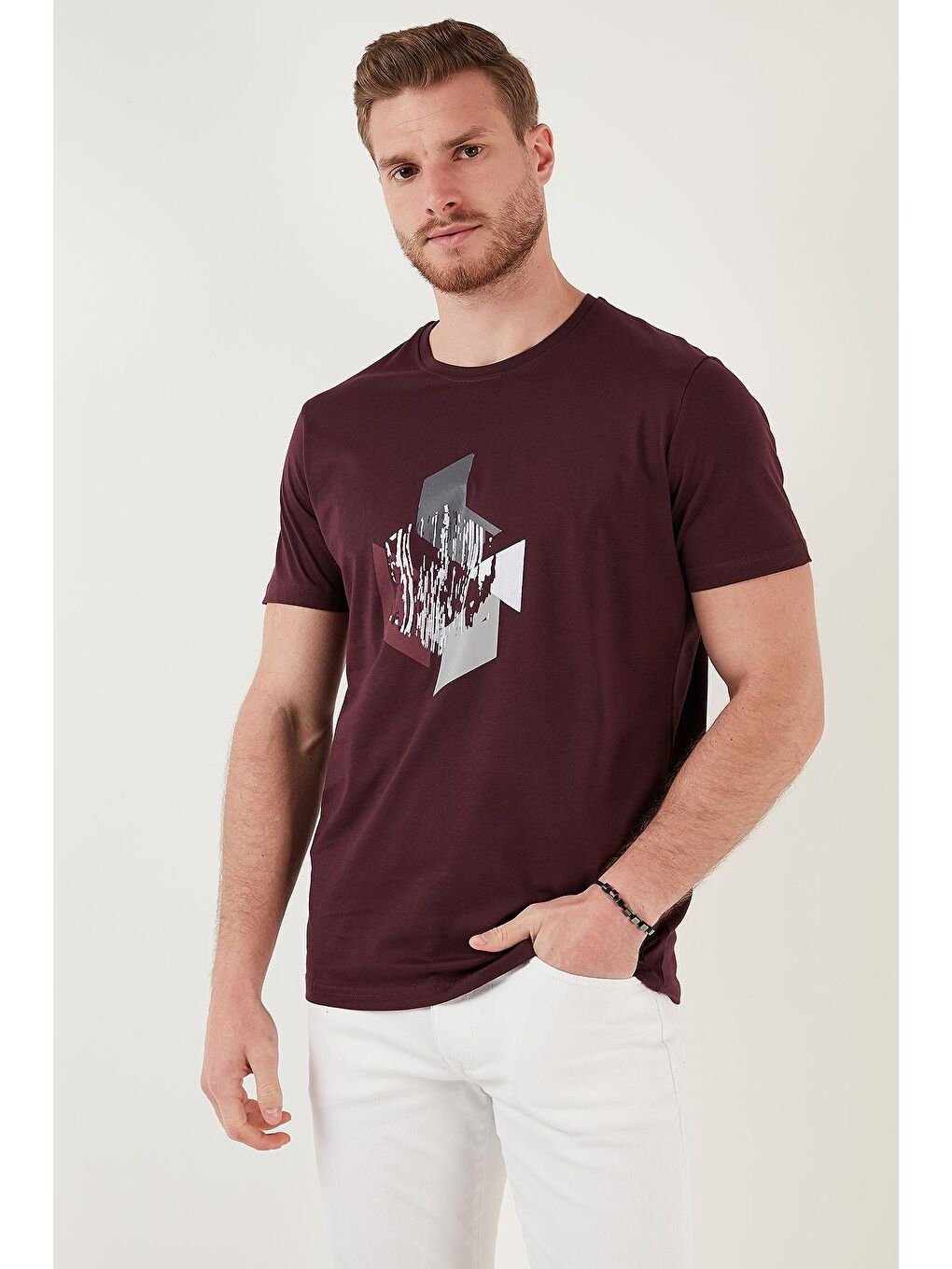 Mürdüm Baskılı % 100 Pamuk Bisiklet Yaka Slim Fit T Shirt 646B3840