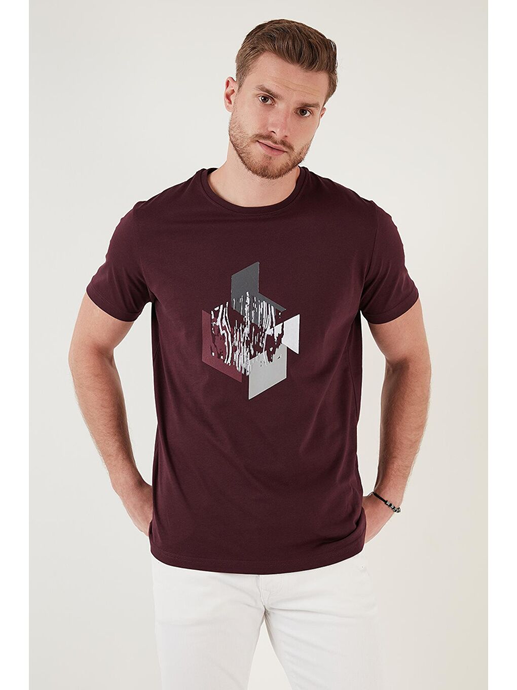 Mürdüm Baskılı % 100 Pamuk Bisiklet Yaka Slim Fit T Shirt 646B3840-1