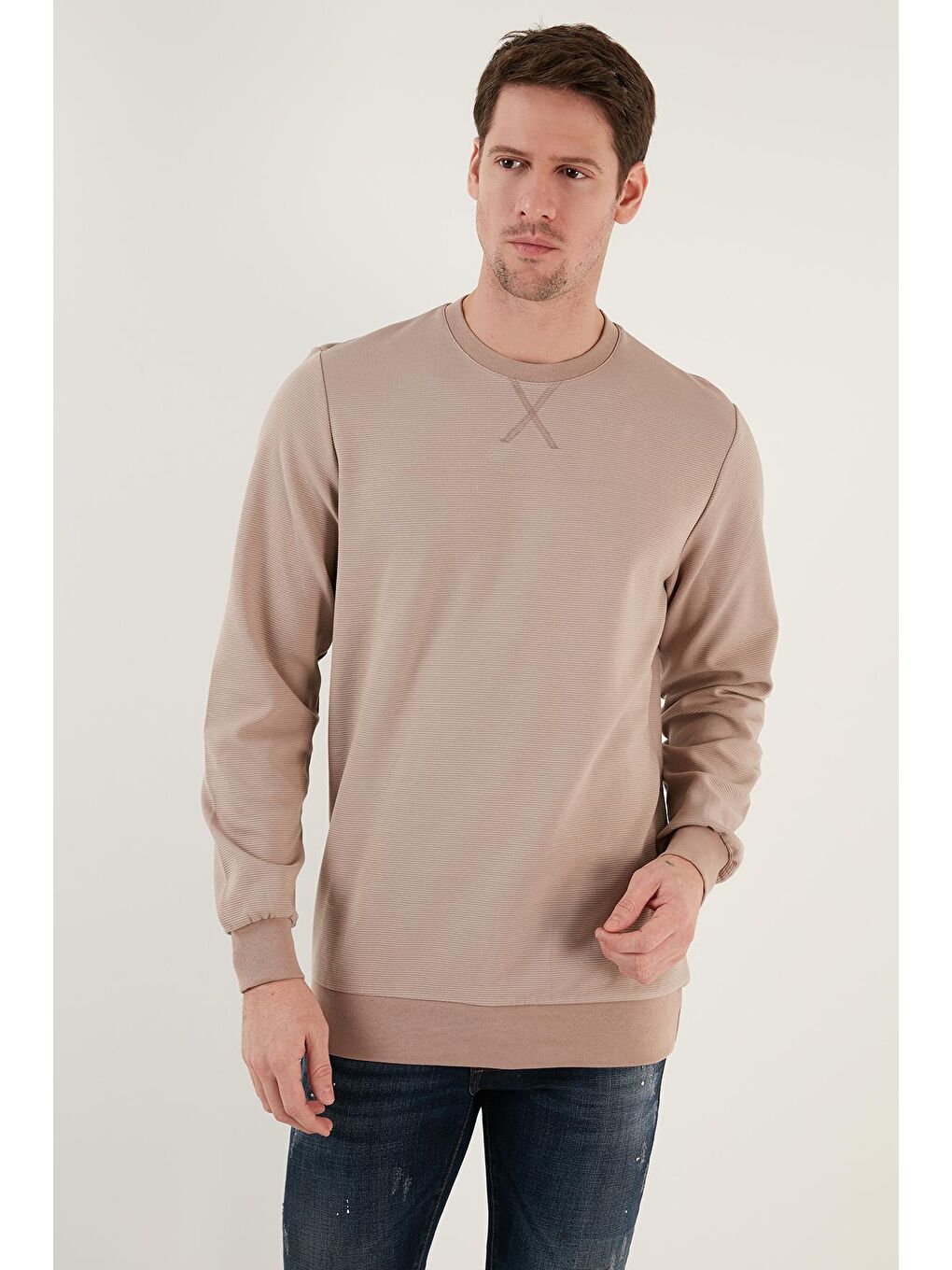 Bej Çizgili Pamuklu Bisiklet Yaka Erkek Sweat 5905241-2
