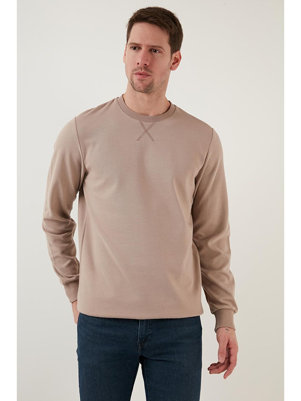 Bej Çizgili Pamuklu Bisiklet Yaka Erkek Sweat 5905241-3