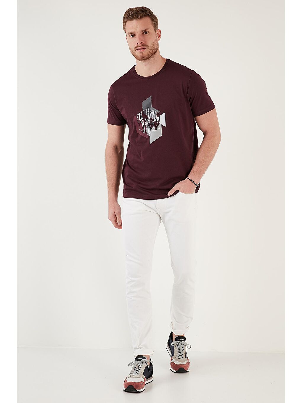 Mürdüm Baskılı % 100 Pamuk Bisiklet Yaka Slim Fit T Shirt 646B3840-3