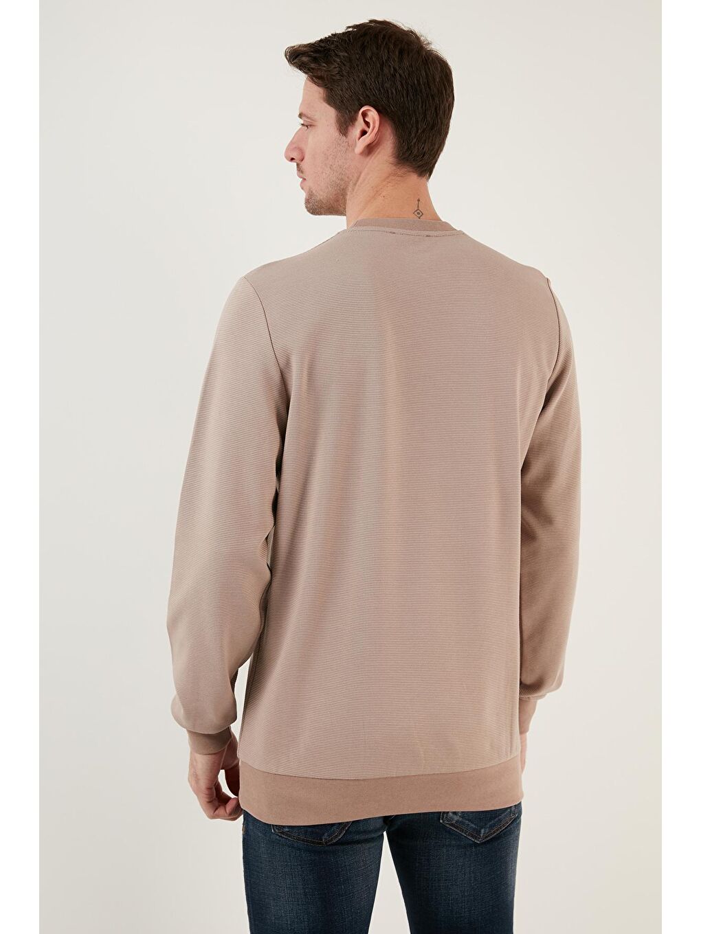 Bej Çizgili Pamuklu Bisiklet Yaka Erkek Sweat 5905241-4