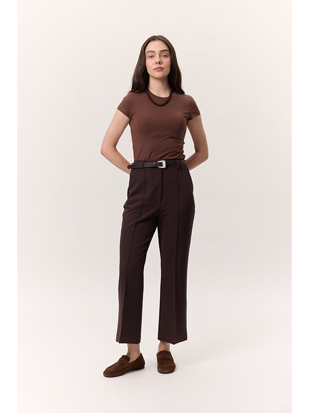 Dikiş Detaylı Flare Pantolon Kahverengi-1