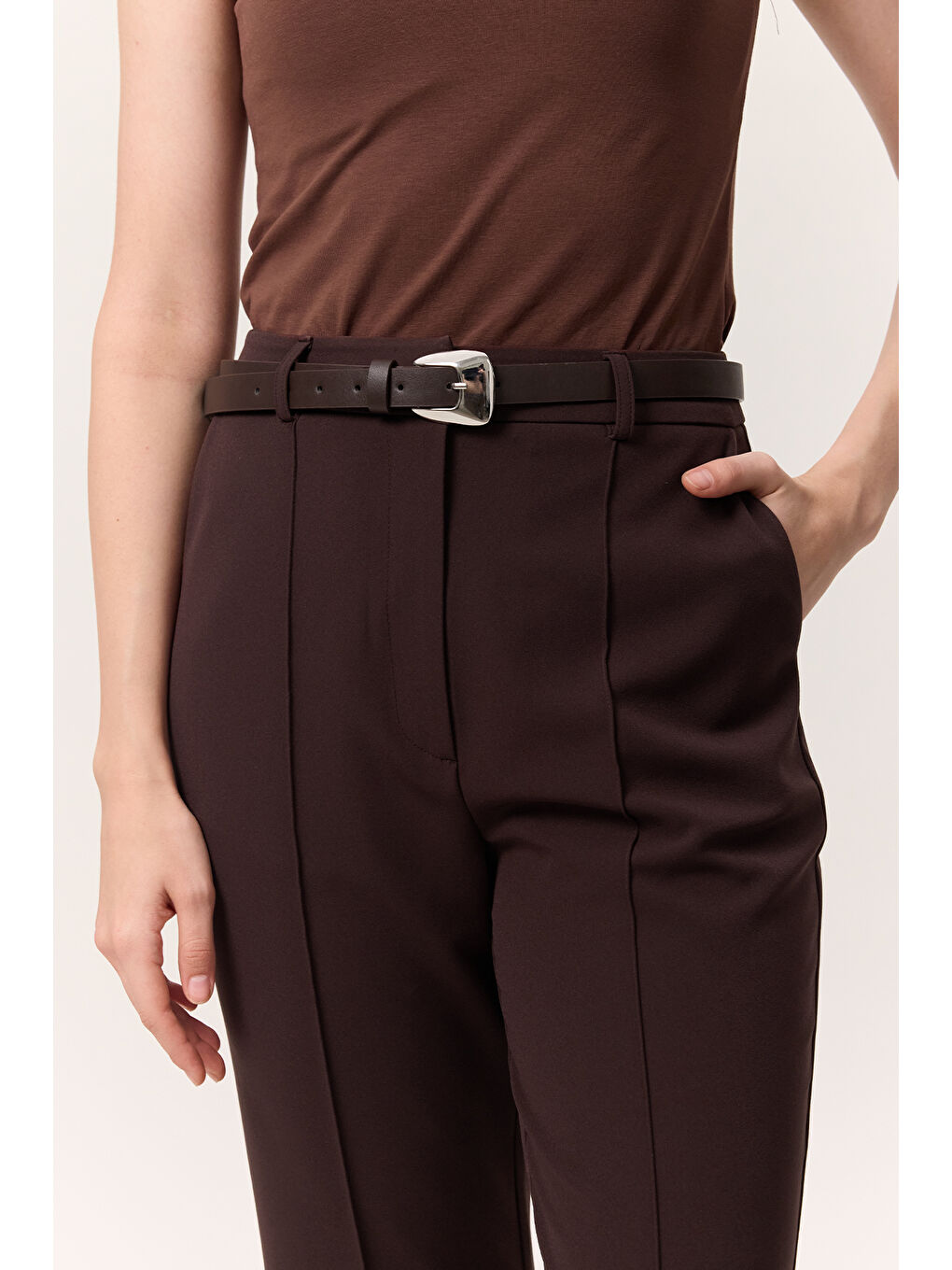 Dikiş Detaylı Flare Pantolon Kahverengi-2