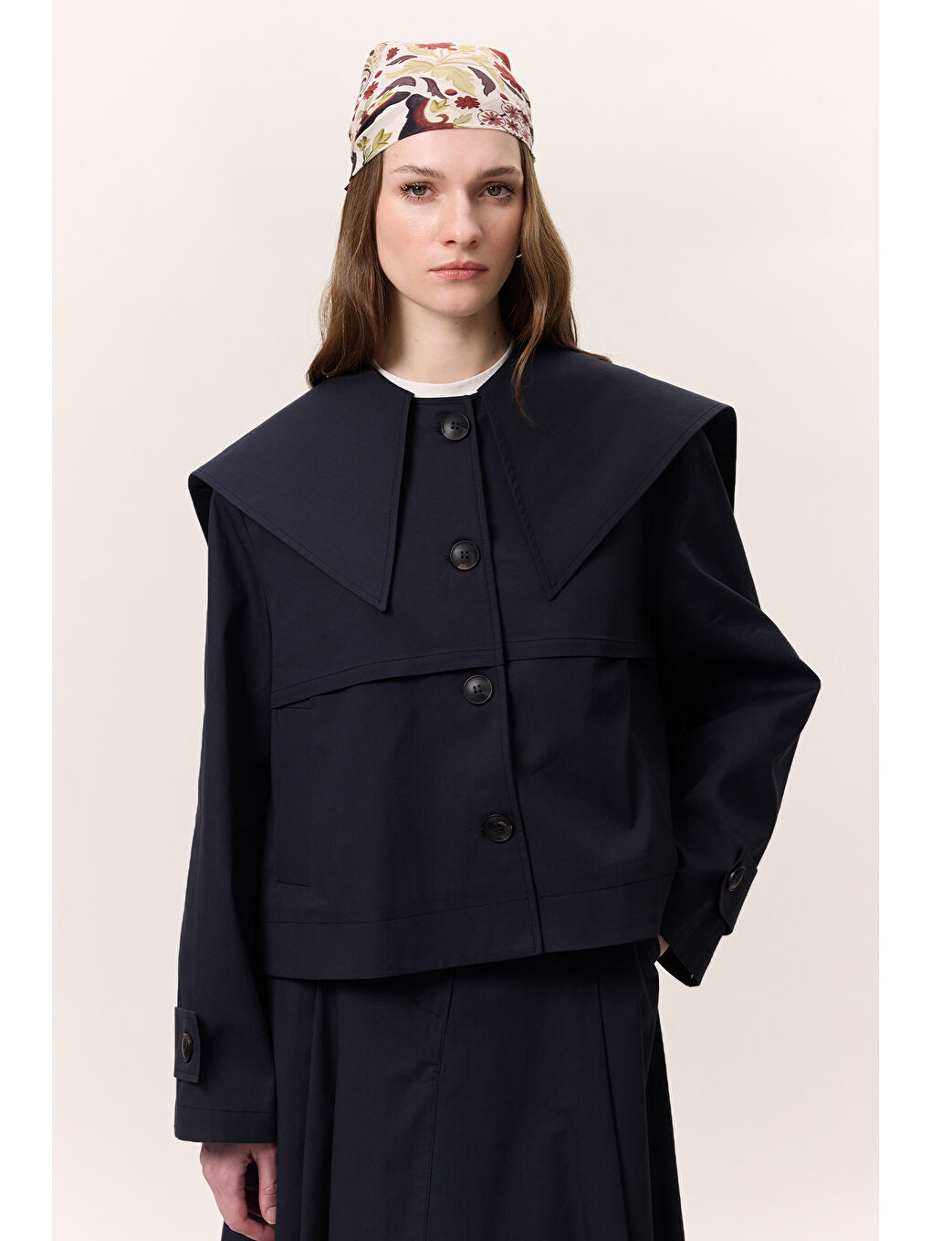 Geniş Yaka Gabardin Ceket Lacivert-1