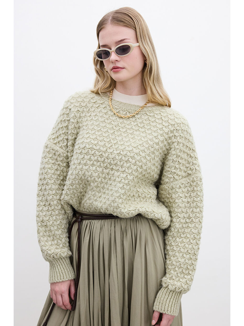 Desenli Örgü Triko Kazak Soft Yeşil