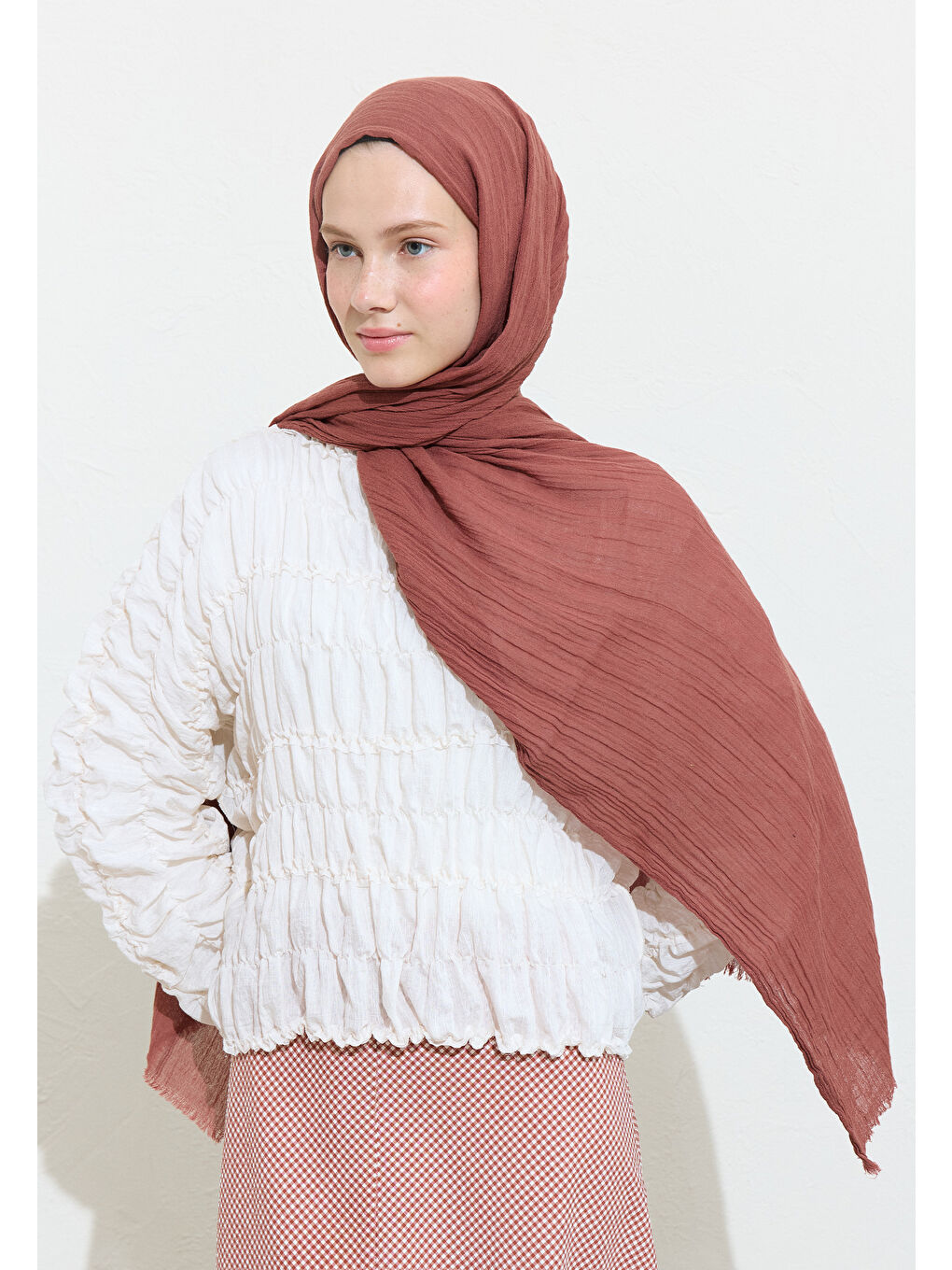 Pembe Cranberry Sauce Pamuklu Keten Şal-3