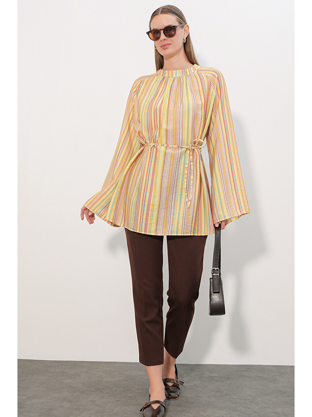 Kadın Çizgili Bağcıklı Oversize Tunik 50009 - Sarı-1
