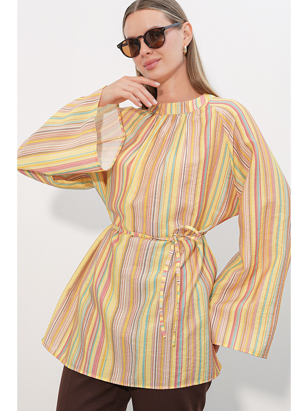 Kadın Çizgili Bağcıklı Oversize Tunik 50009 - Sarı-2