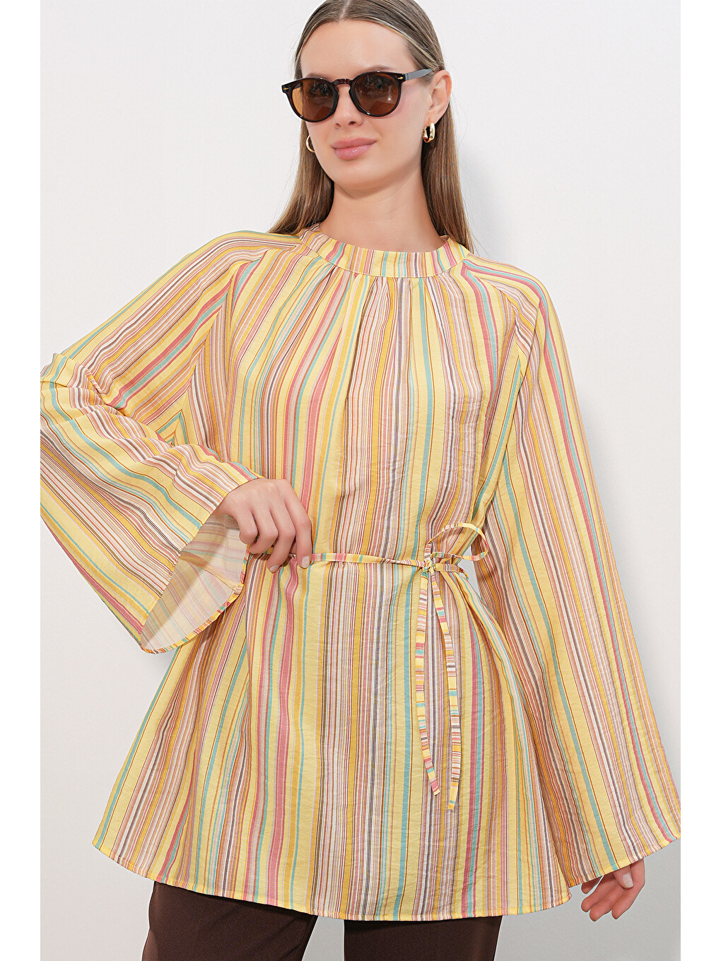 Kadın Çizgili Bağcıklı Oversize Tunik 50009 - Sarı-3