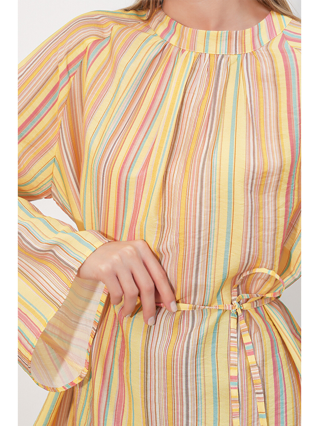 Kadın Çizgili Bağcıklı Oversize Tunik 50009 - Sarı-4