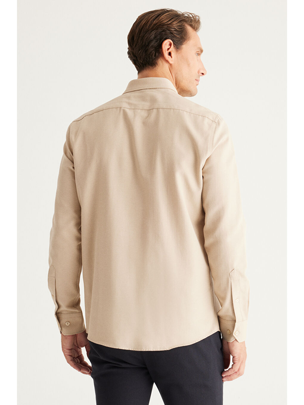 Erkek Bej Tailored Slim Fit Dar Kesim Düğmeli Yaka Oxford Gömlek-6