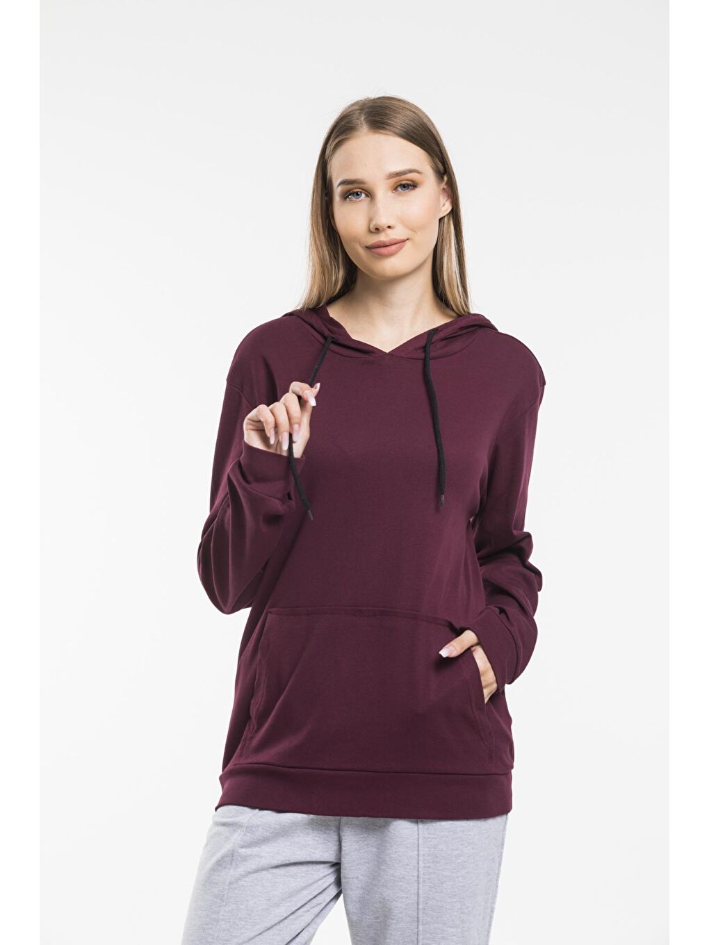 Süperlife Koyu Bordo Kadın Kapşonlu Oversize Fit Sweatshirt spr21k55