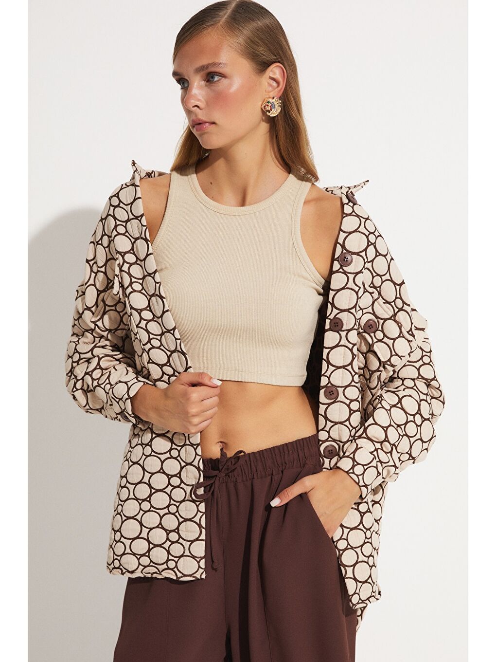June Bej Exclusive Desenli Oversize gömlek  Ceket - 5