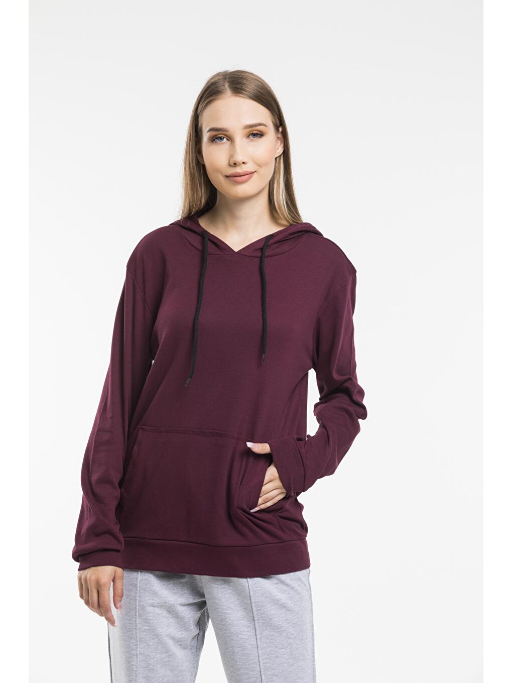 Süperlife Koyu Bordo Kadın Kapşonlu Oversize Fit Sweatshirt spr21k55 - 1