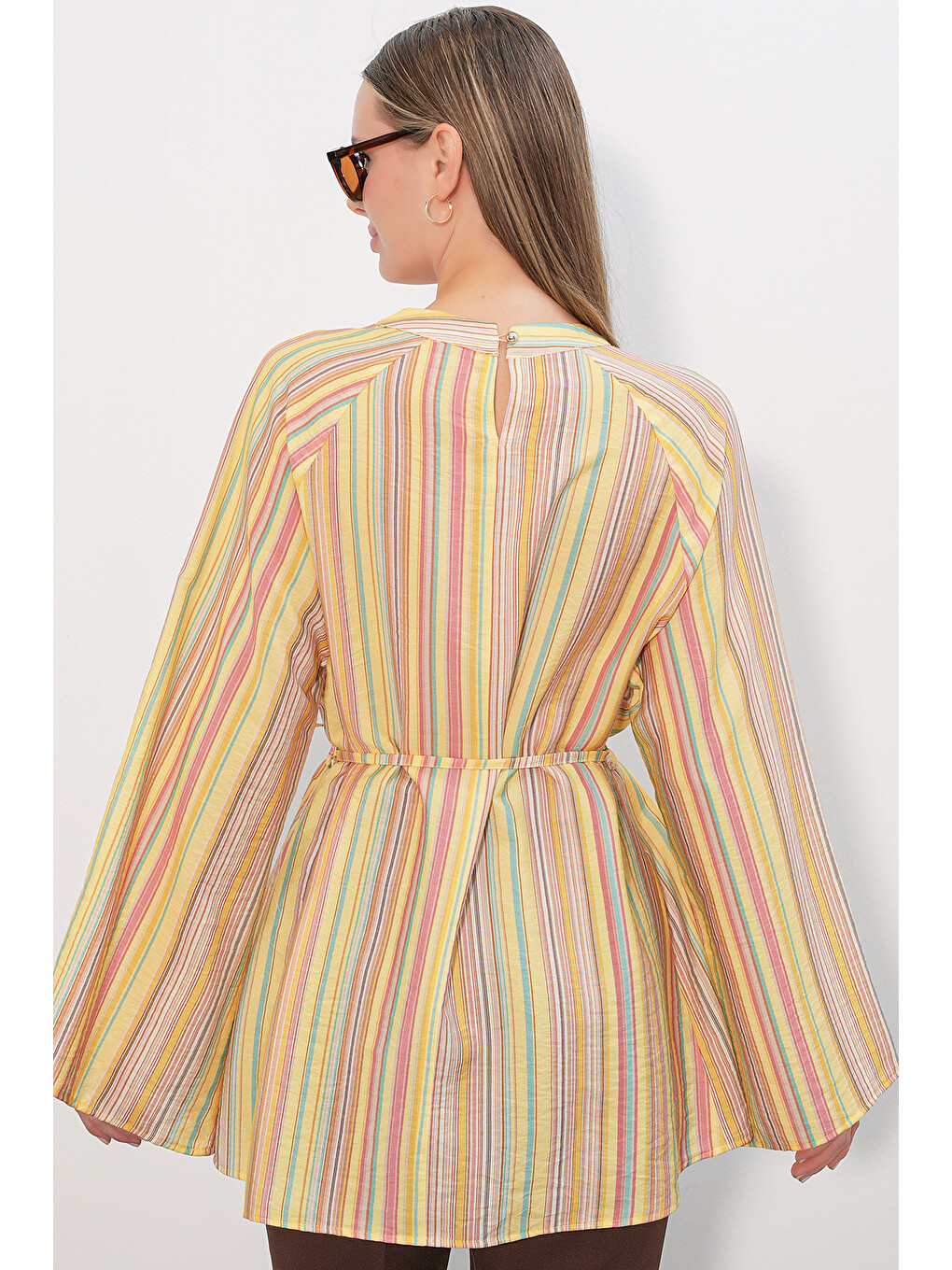 Kadın Çizgili Bağcıklı Oversize Tunik 50009 - Sarı-5