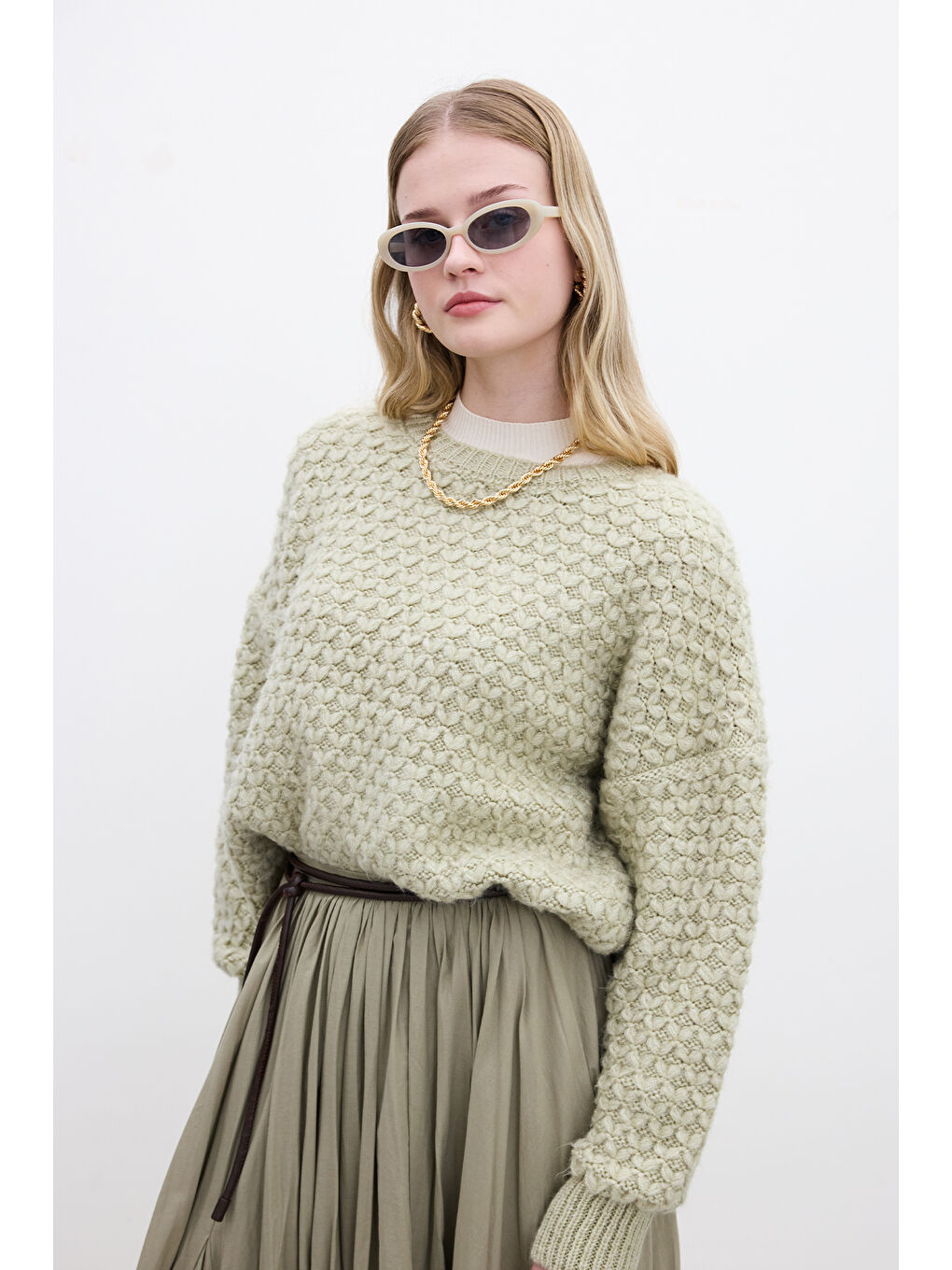 Desenli Örgü Triko Kazak Soft Yeşil-4