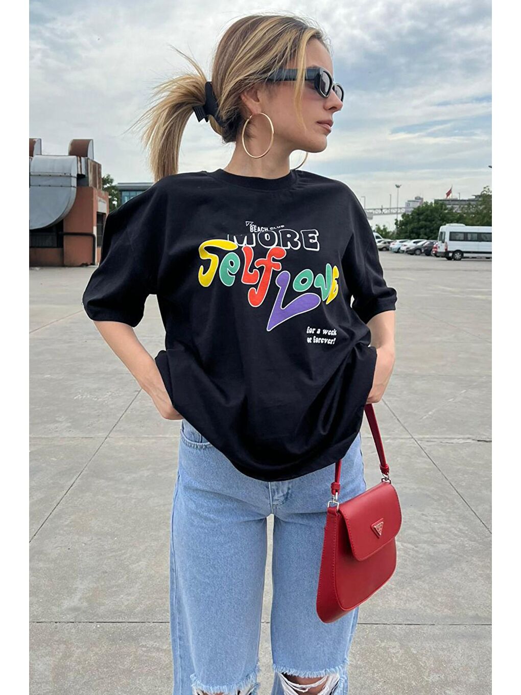 Siyah Baskılı Oversize Tişört Mg1522